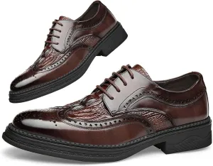 Men's Brogue Luxury Dress Crocodile Oxford Shoe Cowhide Leather Texture Lace-Up Wing Tip Classic Business Wedding Derby Shoes (Brown,9,Men,9)