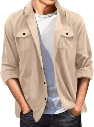 Mens Casual Shirt Jacket Winter Faux Suede Fleece Warm Lightweight Outwear Button Pocket Solid Lapel Long Sleeve Coat