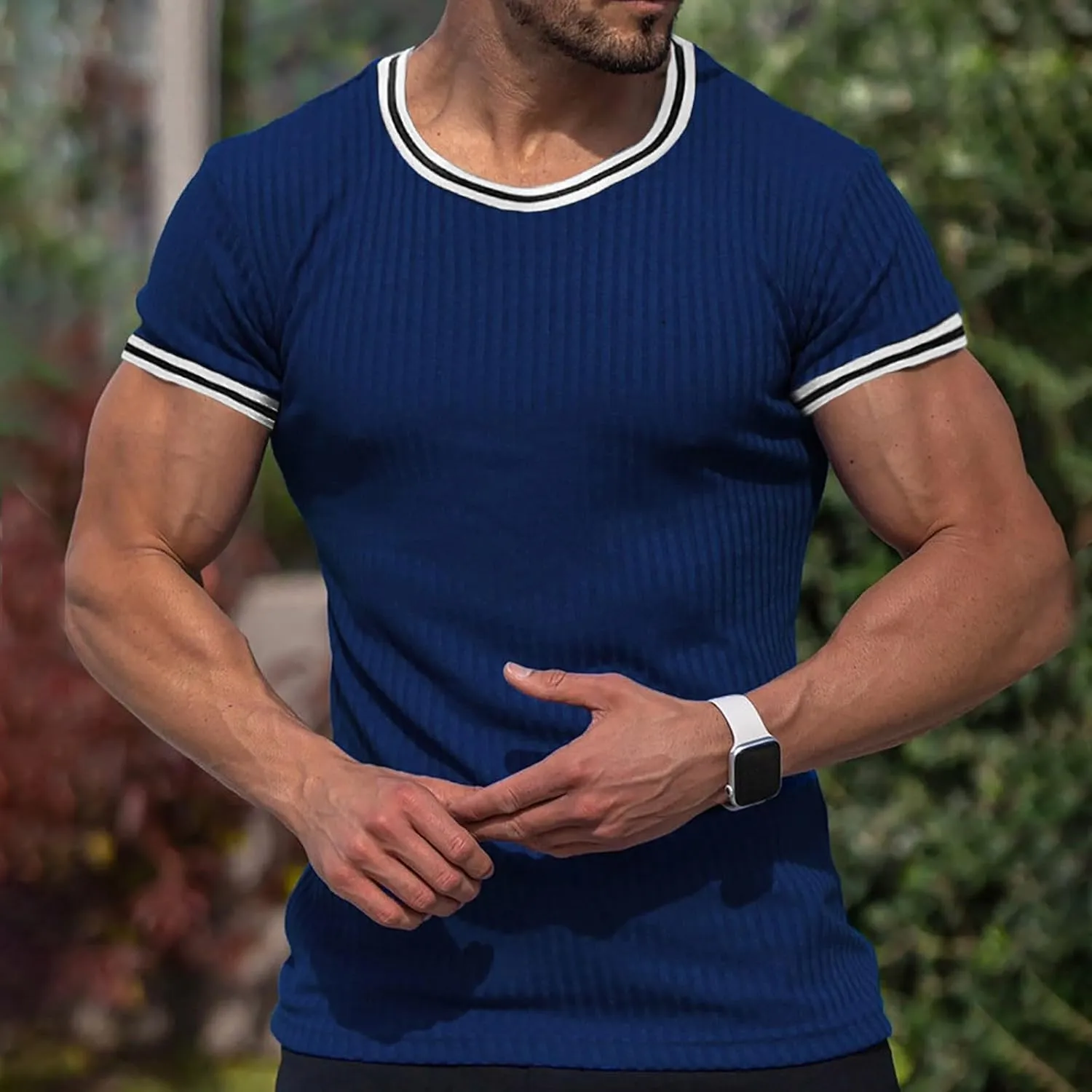 Men's Compression Shirts Knit Ribbed Stretch Short Sleeve Muscle T-Shirts Summer Casual Workout Sport Undershirts