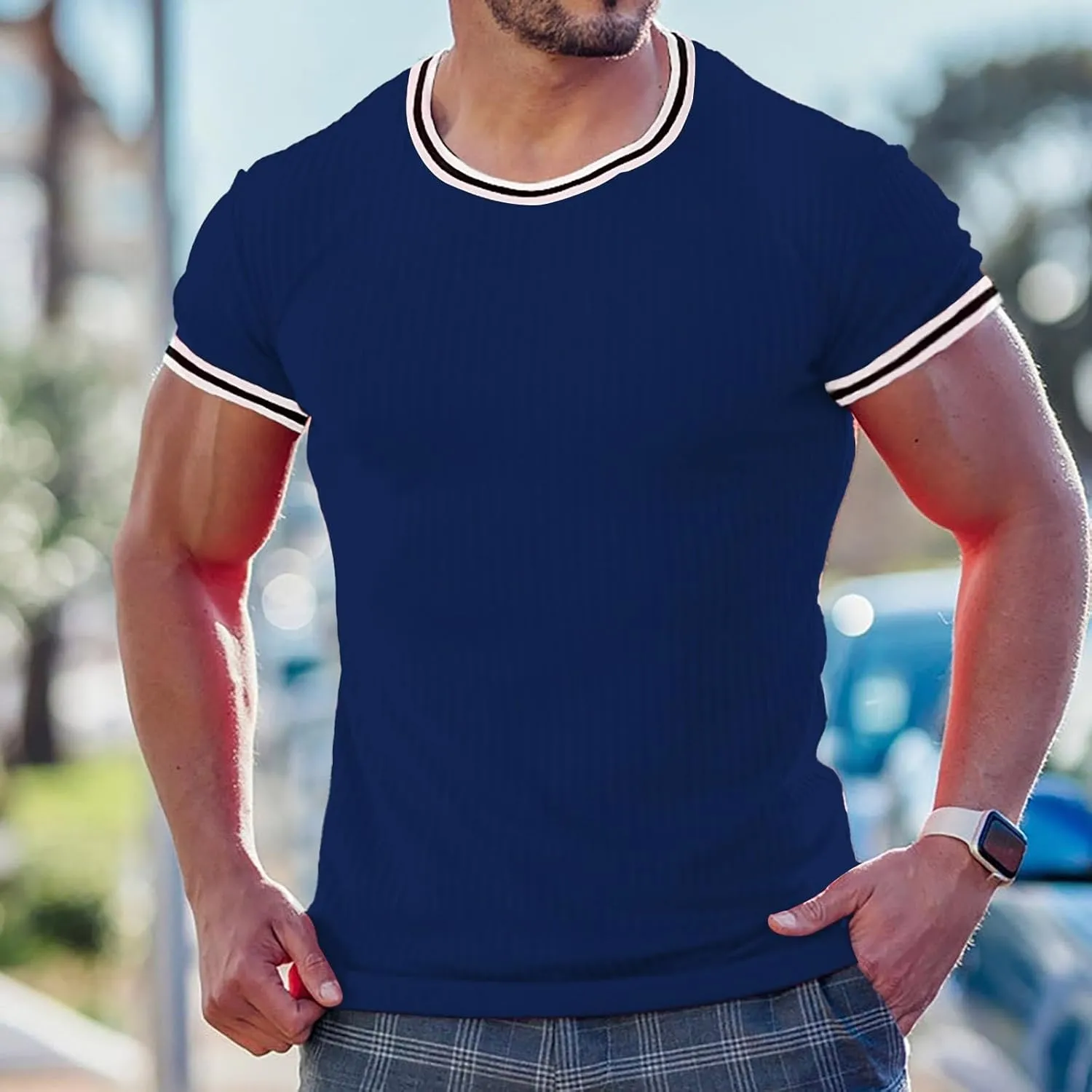 Men's Compression Shirts Knit Ribbed Stretch Short Sleeve Muscle T-Shirts Summer Casual Workout Sport Undershirts