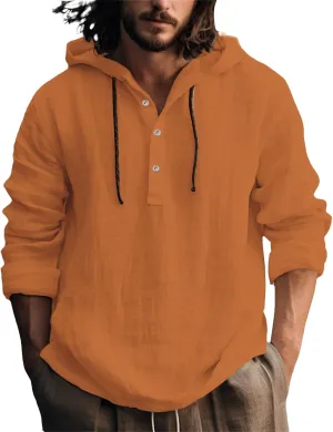 Mens Cotton Linen Shirts with Hood Long Sleeve Button Down Summer Tops Roll-Up Sleeve Lightweight Dry Fit Beach Tees