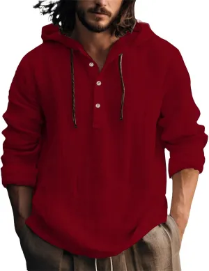 Mens Cotton Linen Shirts with Hood Long Sleeve Button Down Summer Tops Roll-Up Sleeve Lightweight Dry Fit Beach Tees