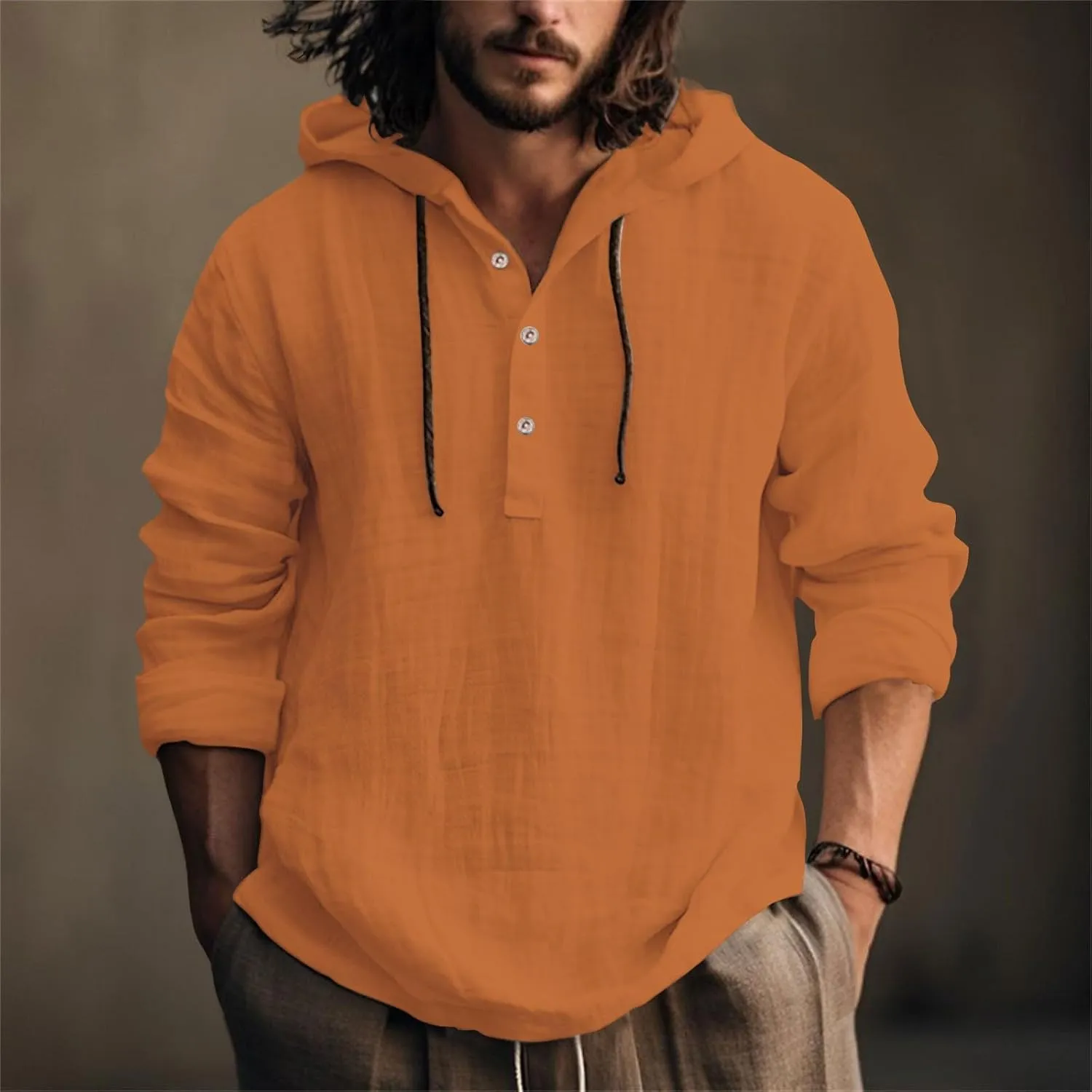 Mens Cotton Linen Shirts with Hood Long Sleeve Button Down Summer Tops Roll-Up Sleeve Lightweight Dry Fit Beach Tees
