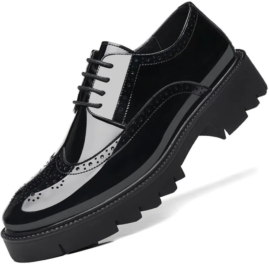Men's Elevator Shoes Brogue Wingtip Dress Shoes Patent Leather Lace Up Business Oxford Shoes Wedding Formal Shoes Men Glossy Leather Height Increasing Shoes Thick Sole Shoes(8.5)