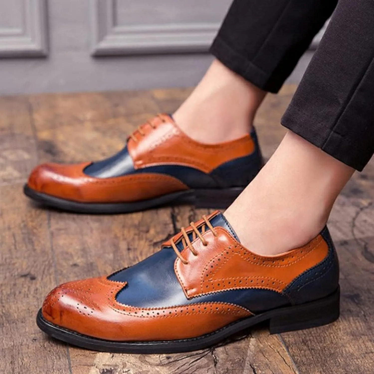Men's Formal Shoes, Patched Dance Oxford Shoes, Casual Pointed Formal Dating Shoes, Spring Low Cut Lace up Brogue Shoes, 8.5, Brown