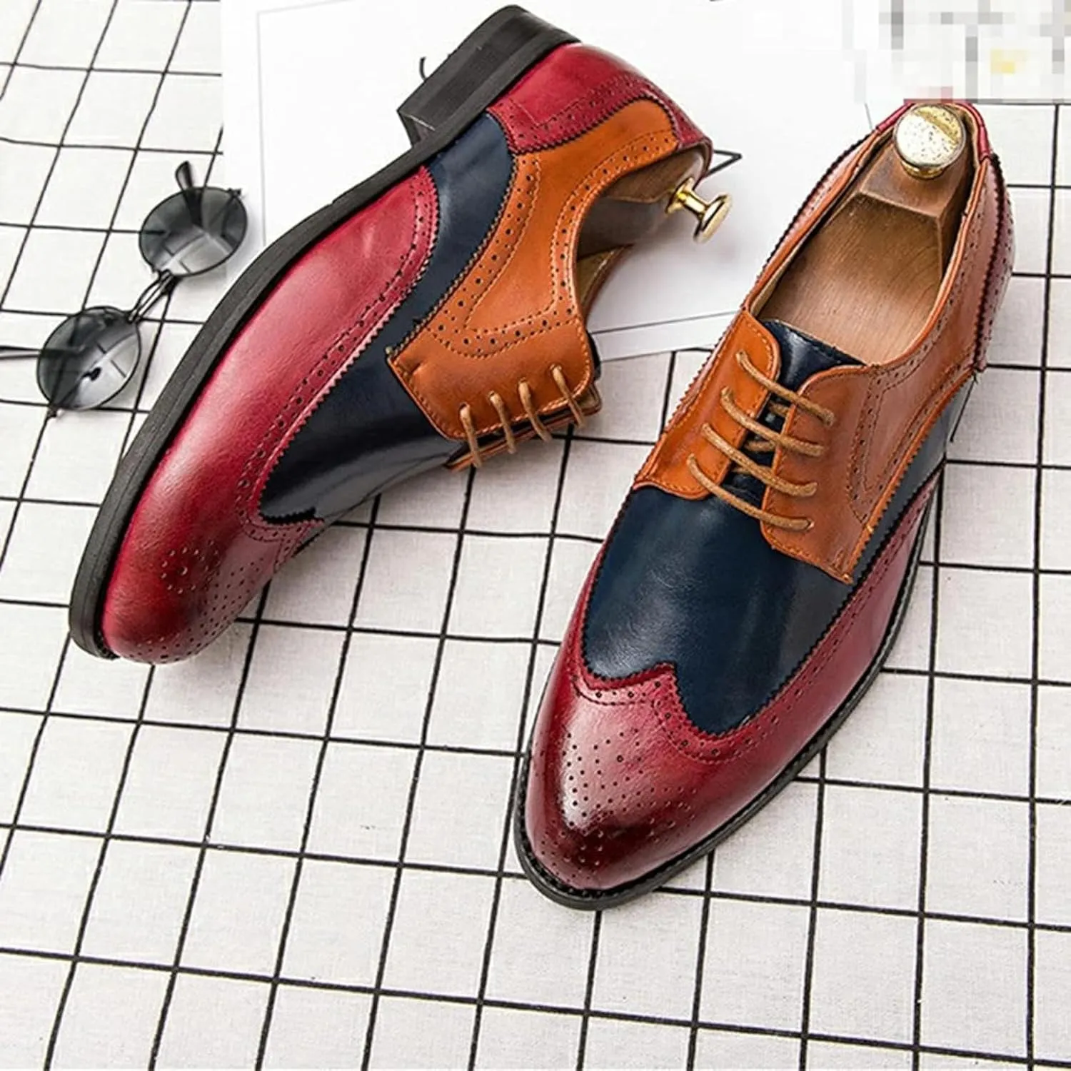 Men's Formal Shoes, Patched Dance Oxford Shoes, Casual Pointed Formal Dating Shoes, Spring Low Cut Lace up Brogue Shoes, 8.5, Brown