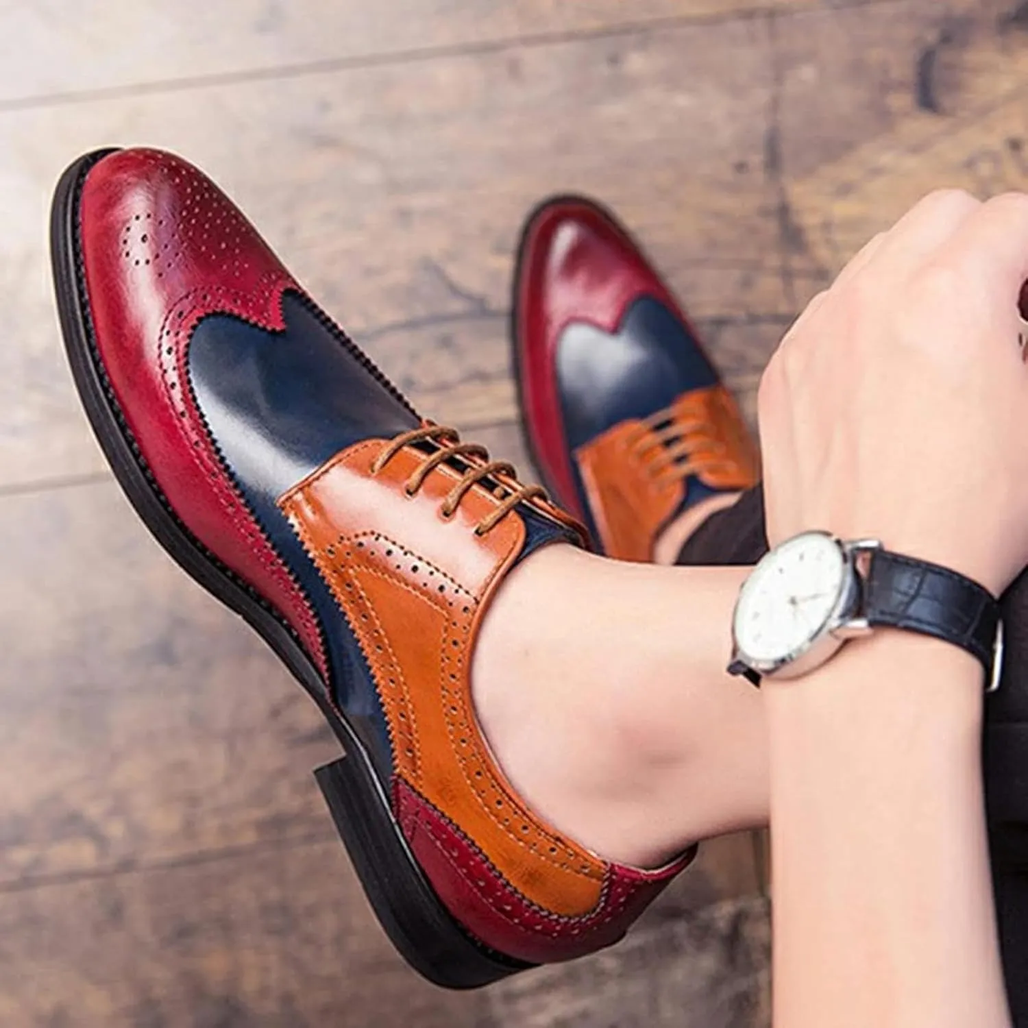 Men's Formal Shoes, Patched Dance Oxford Shoes, Casual Pointed Formal Dating Shoes, Spring Low Cut Lace up Brogue Shoes, 8.5, Brown