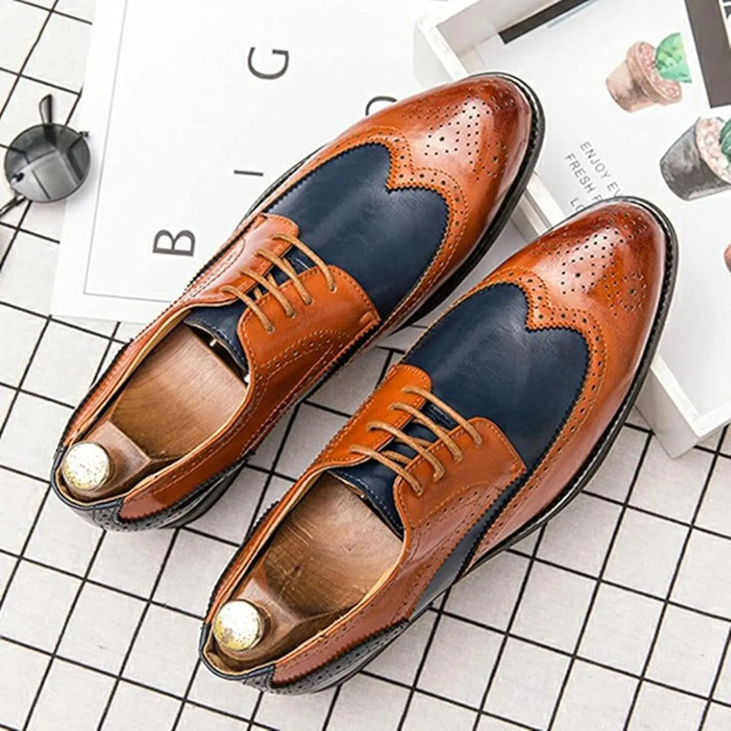 Men's Formal Shoes, Patched Dance Oxford Shoes, Casual Pointed Formal Dating Shoes, Spring Low Cut Lace up Brogue Shoes, 8.5, Brown