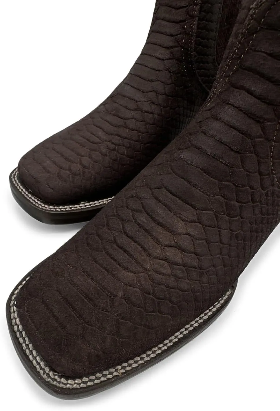 Men’s Genuine Leather Square Toe Embossed Python Snake Print Short Ankle Cowboy Boot