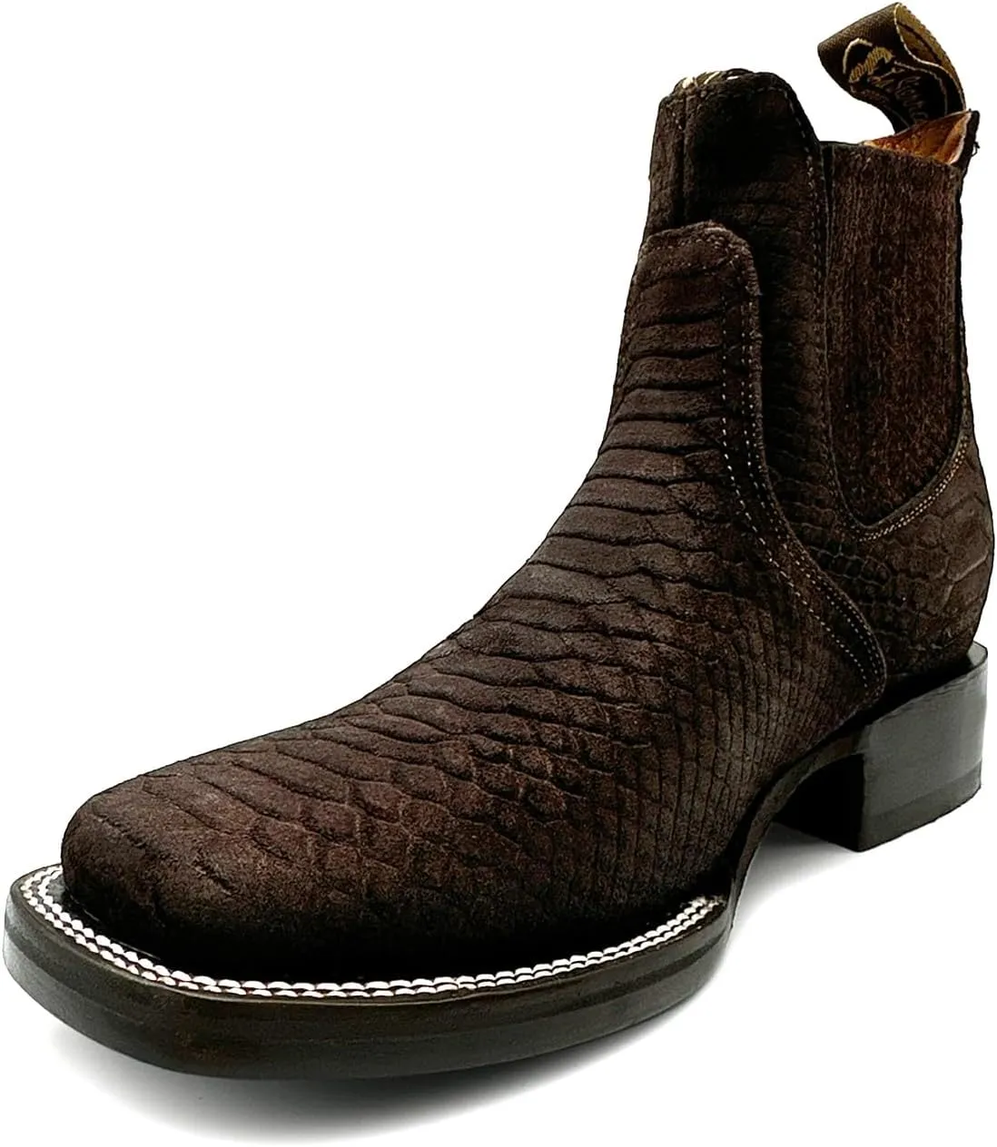 Men’s Genuine Leather Square Toe Embossed Python Snake Print Short Ankle Cowboy Boot
