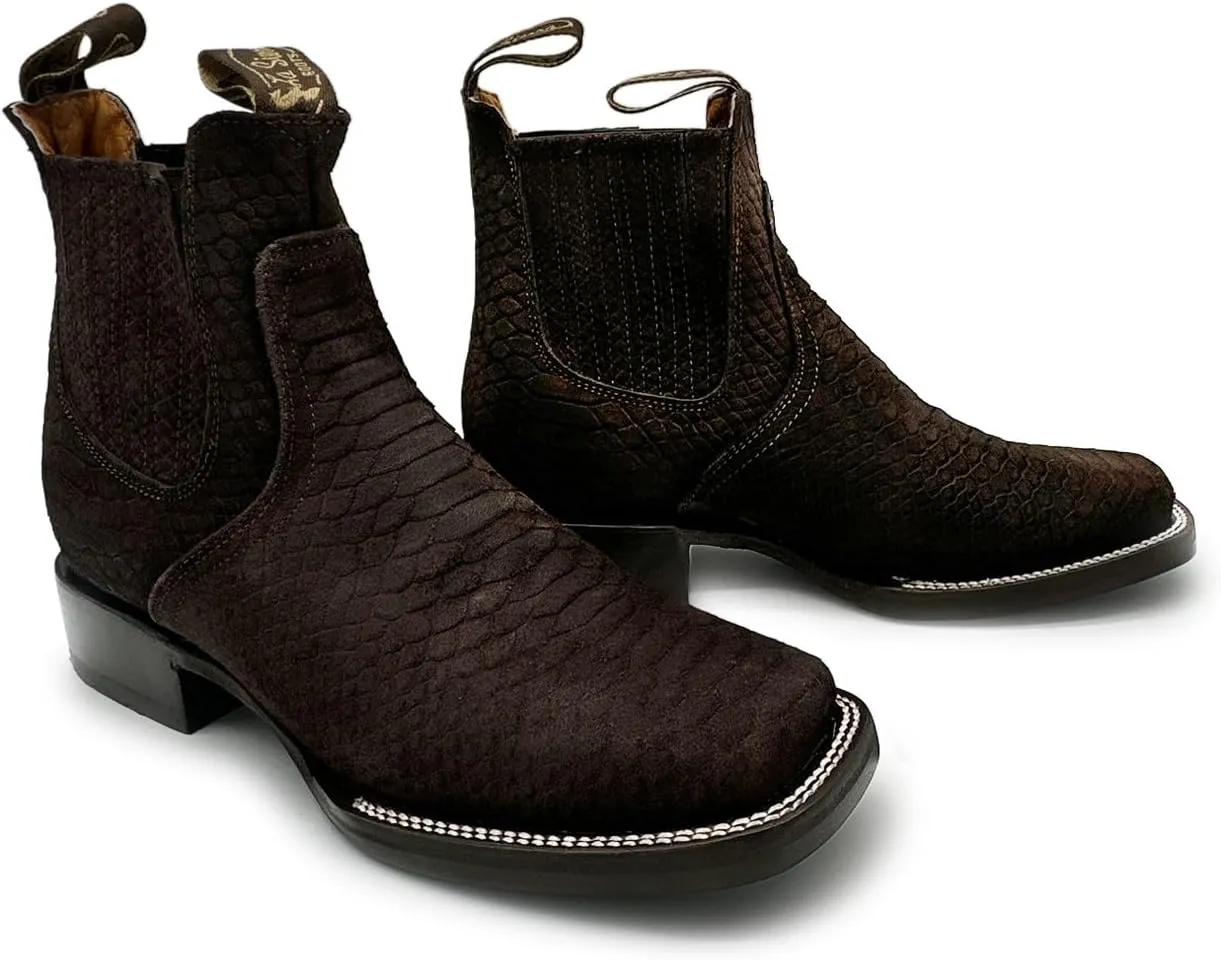 Men’s Genuine Leather Square Toe Embossed Python Snake Print Short Ankle Cowboy Boot
