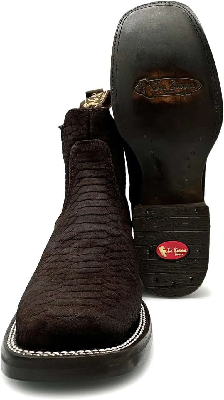 Men’s Genuine Leather Square Toe Embossed Python Snake Print Short Ankle Cowboy Boot