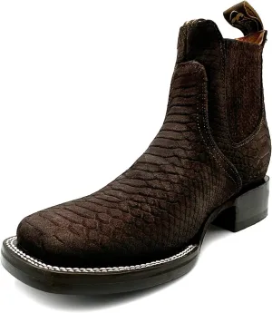 Men’s Genuine Leather Square Toe Embossed Python Snake Print Short Ankle Cowboy Boot