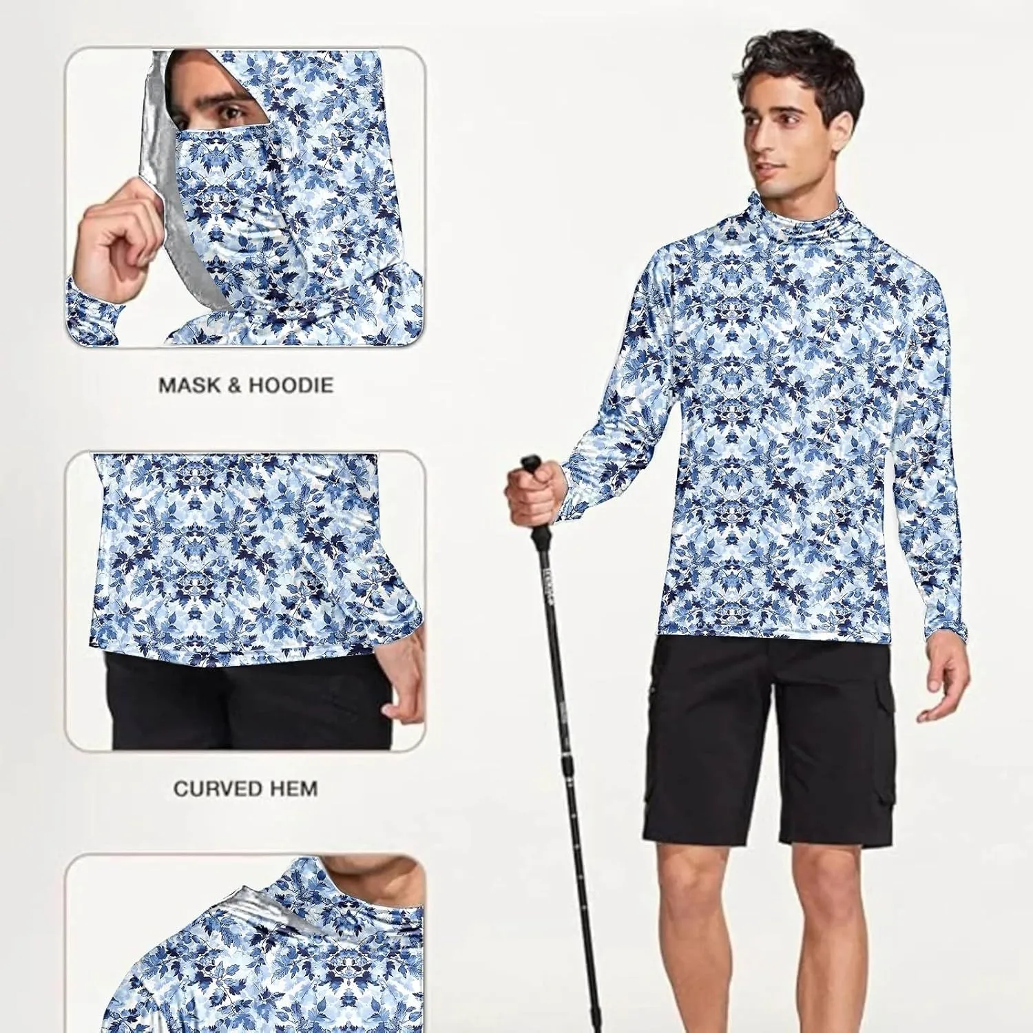 Men's Hunting Shirts with Mask Lightweight UPF 50  Sun Protection Long Sleeve Fishing Shirt Rash Guard Hiking Tee Tops
