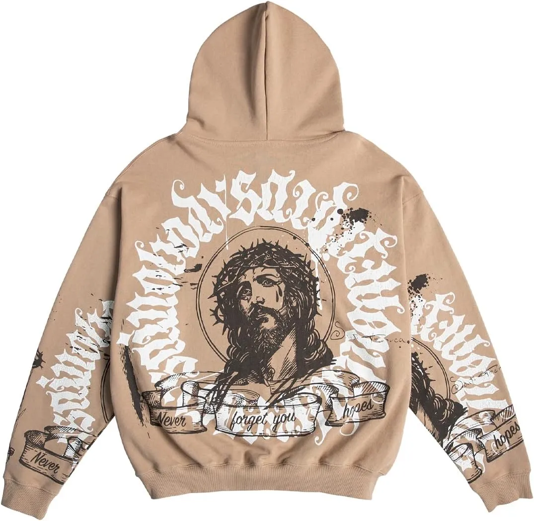 Men's Jesus Disciple Print - Sundays Off Edition Hoodies Casual Oversized Vintage Sweatshirts Khaki