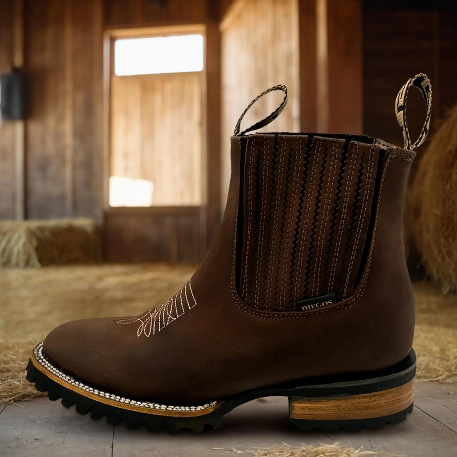 Mens Leather Square Toe Western Ankle Boot