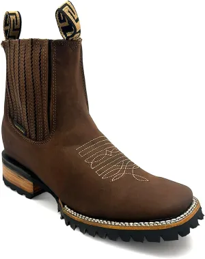 Mens Leather Square Toe Western Ankle Boot