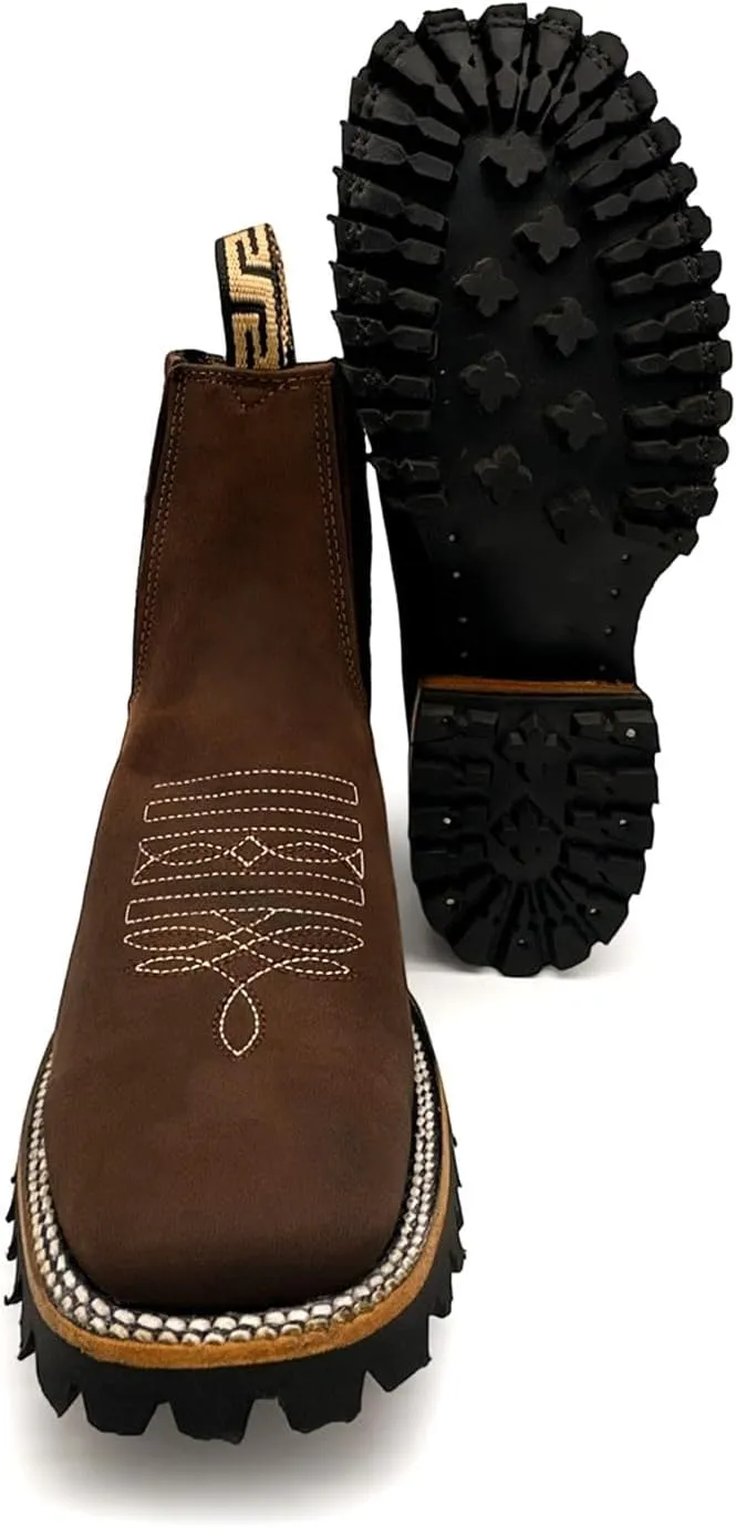 Mens Leather Square Toe Western Ankle Boot