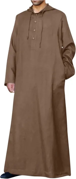 Men's Muslim Arab Caftan Long Sleeve Button Up Long Gown Drawstring Cotton Linen Hooded Muslim Robe Mens Clothing
