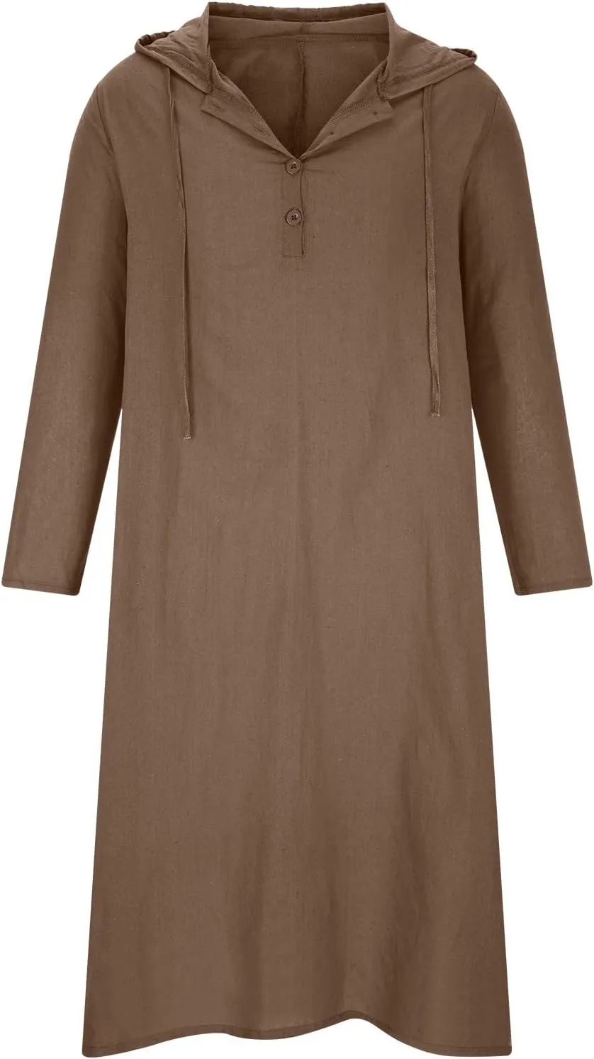 Men's Muslim Arab Caftan Long Sleeve Button Up Long Gown Drawstring Cotton Linen Hooded Muslim Robe Mens Clothing