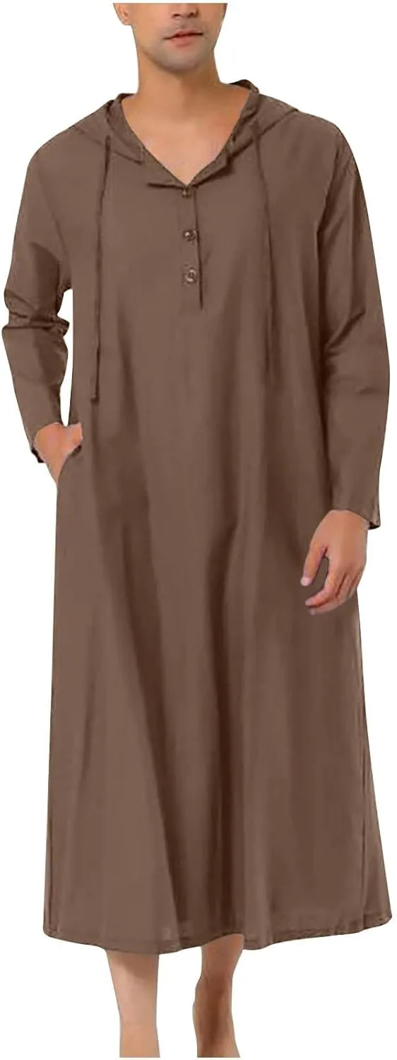 Men's Muslim Arab Caftan Long Sleeve Button Up Long Gown Drawstring Cotton Linen Hooded Muslim Robe Mens Clothing