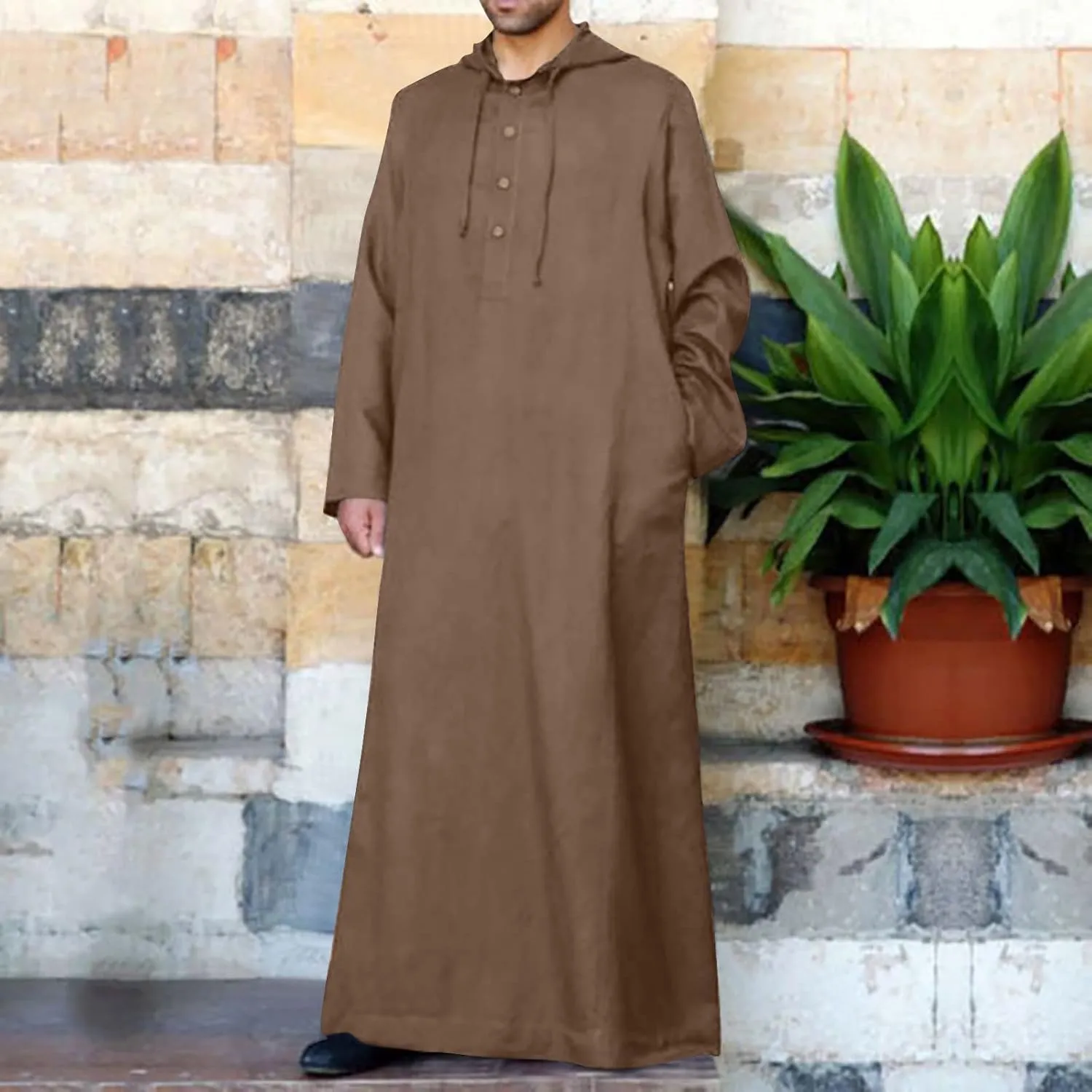 Men's Muslim Arab Caftan Long Sleeve Button Up Long Gown Drawstring Cotton Linen Hooded Muslim Robe Mens Clothing