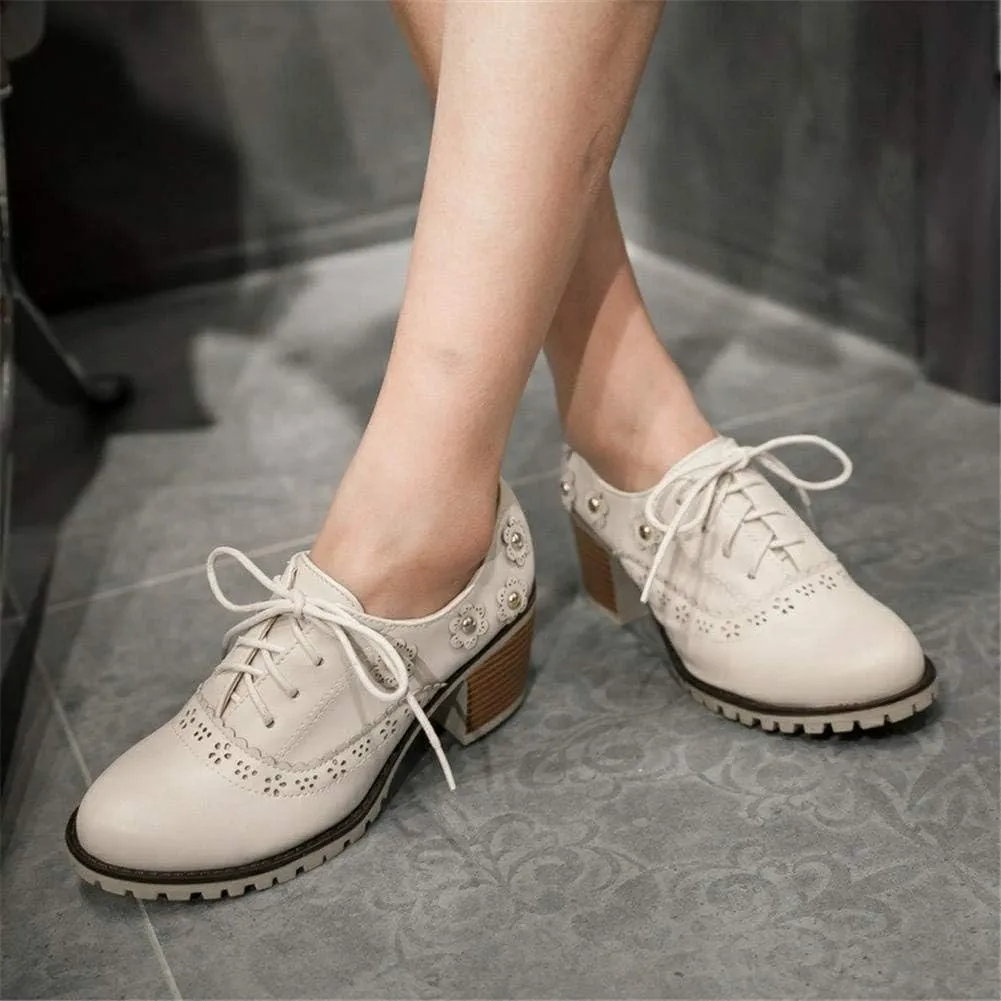 mikarka Women's Vegan Leather Oxfords Heels Shoes, Wingtip Lace Up Brogues Perforated Saddles Pumps Chunky Mid Heel Dress Shoes
