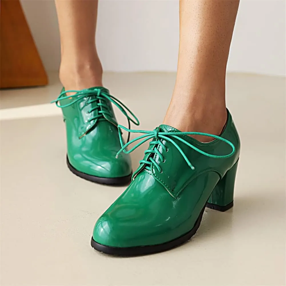 mikarka Women's Vegan Leather Oxfords Heels Shoes, Wingtip Lace Up Brogues Perforated Saddles Pumps Chunky Mid Heel Dress Shoes