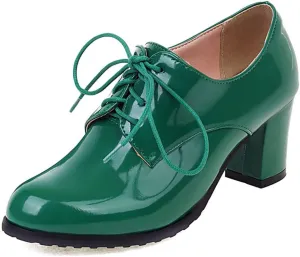 mikarka Women's Vegan Leather Oxfords Heels Shoes, Wingtip Lace Up Brogues Perforated Saddles Pumps Chunky Mid Heel Dress Shoes