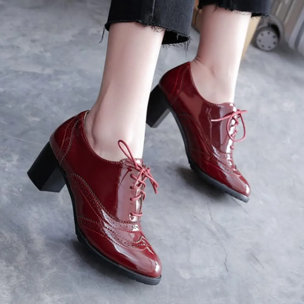 mikarka Women's Vegan Leather Oxfords Heels Shoes, Wingtip Lace Up Brogues Perforated Saddles Pumps Chunky Mid Heel Dress Shoes
