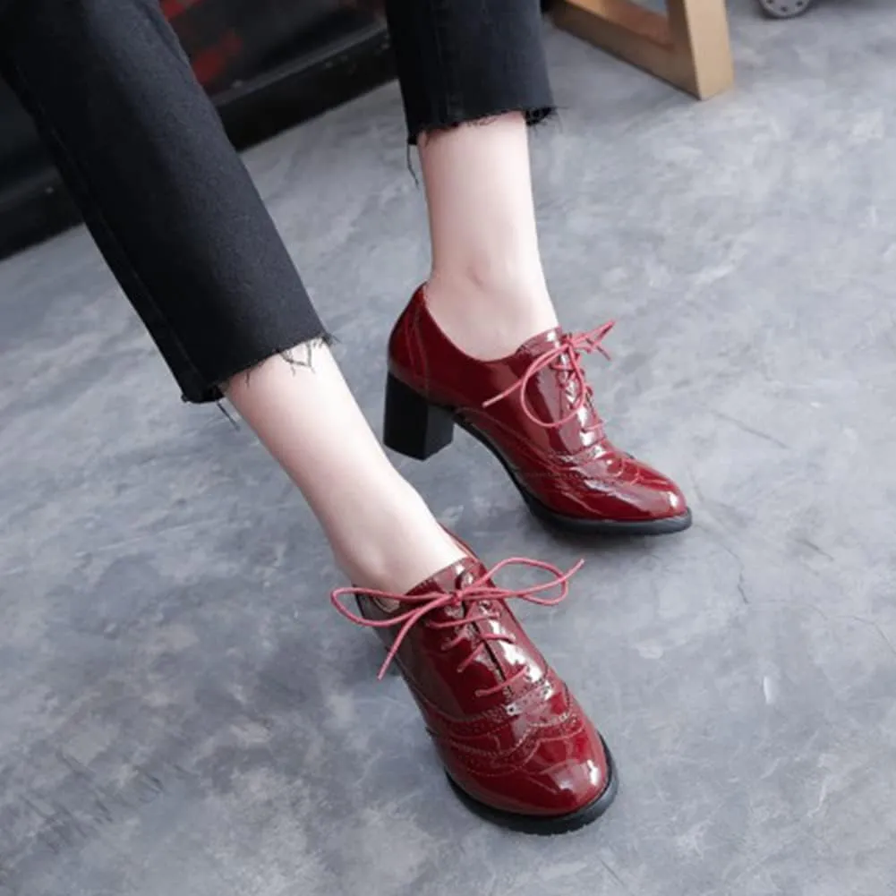 mikarka Women's Vegan Leather Oxfords Heels Shoes, Wingtip Lace Up Brogues Perforated Saddles Pumps Chunky Mid Heel Dress Shoes