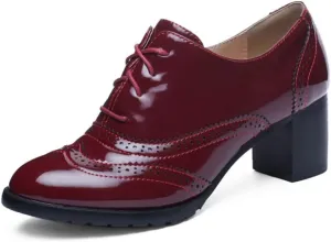 mikarka Women's Vegan Leather Oxfords Heels Shoes, Wingtip Lace Up Brogues Perforated Saddles Pumps Chunky Mid Heel Dress Shoes