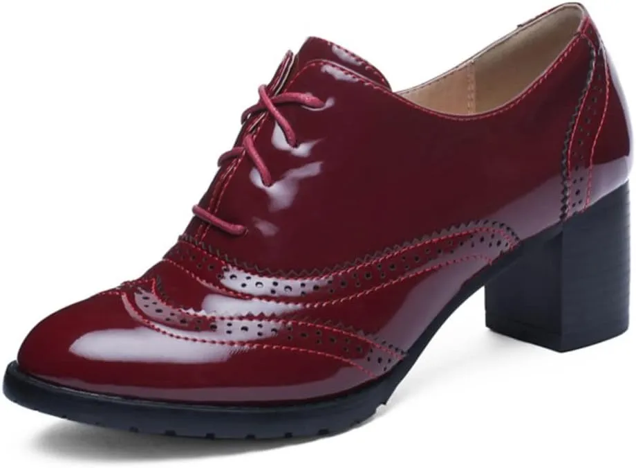 mikarka Women's Vegan Leather Oxfords Heels Shoes, Wingtip Lace Up Brogues Perforated Saddles Pumps Chunky Mid Heel Dress Shoes
