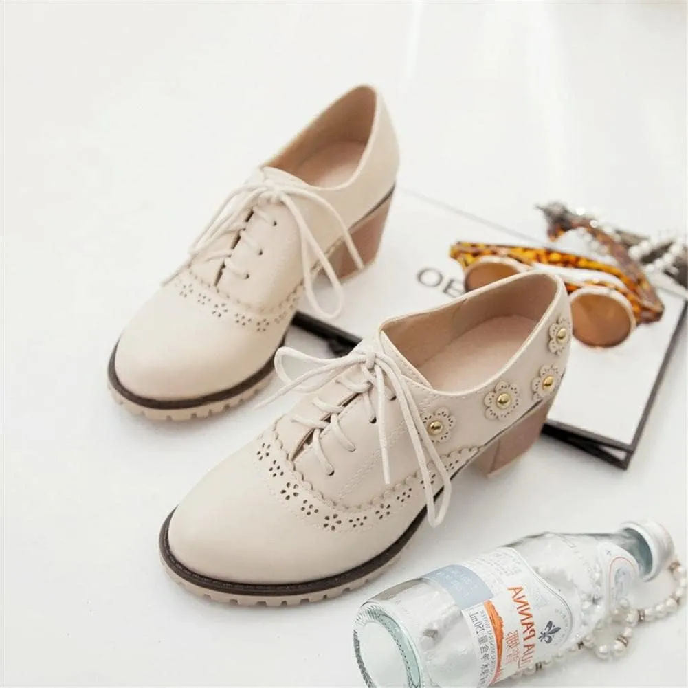 mikarka Women's Vegan Leather Oxfords Heels Shoes, Wingtip Lace Up Brogues Perforated Saddles Pumps Chunky Mid Heel Dress Shoes