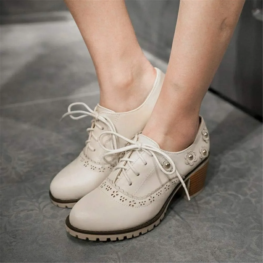 mikarka Women's Vegan Leather Oxfords Heels Shoes, Wingtip Lace Up Brogues Perforated Saddles Pumps Chunky Mid Heel Dress Shoes