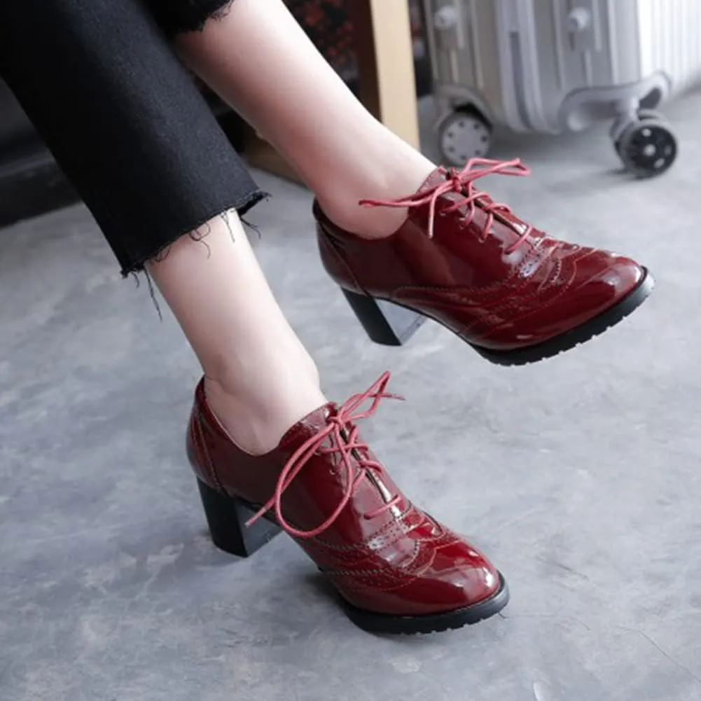 mikarka Women's Vegan Leather Oxfords Heels Shoes, Wingtip Lace Up Brogues Perforated Saddles Pumps Chunky Mid Heel Dress Shoes