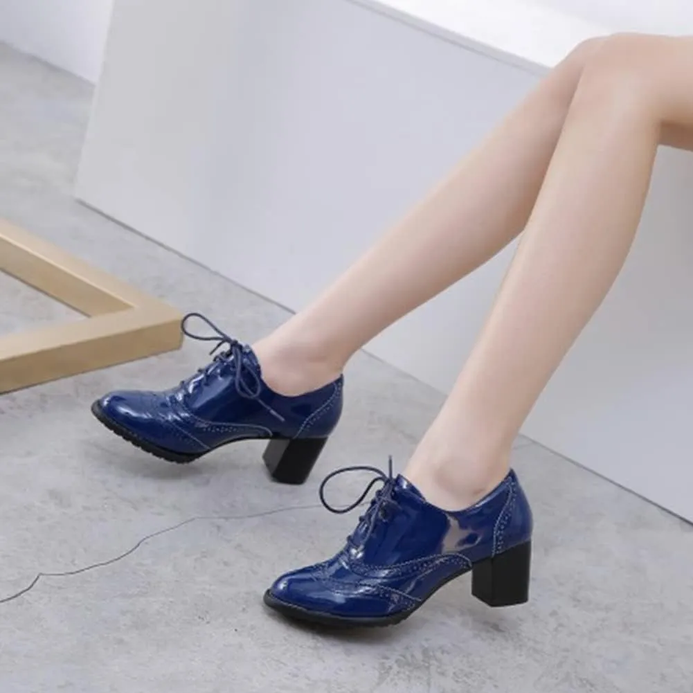 mikarka Women's Vegan Leather Oxfords Heels Shoes, Wingtip Lace Up Brogues Perforated Saddles Pumps Chunky Mid Heel Dress Shoes