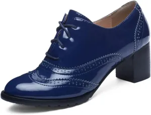 mikarka Women's Vegan Leather Oxfords Heels Shoes, Wingtip Lace Up Brogues Perforated Saddles Pumps Chunky Mid Heel Dress Shoes