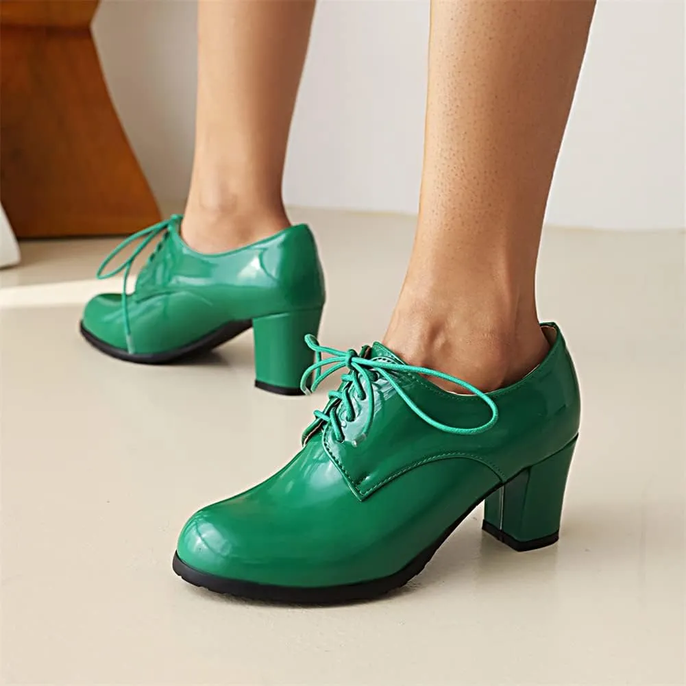 mikarka Women's Vegan Leather Oxfords Heels Shoes, Wingtip Lace Up Brogues Perforated Saddles Pumps Chunky Mid Heel Dress Shoes