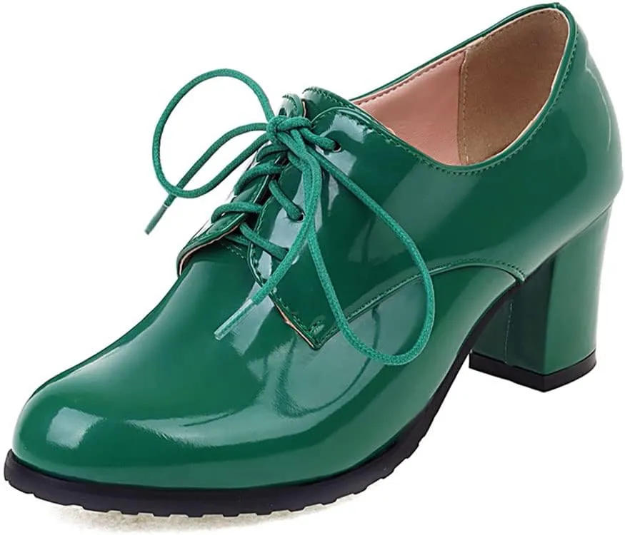 mikarka Women's Vegan Leather Oxfords Heels Shoes, Wingtip Lace Up Brogues Perforated Saddles Pumps Chunky Mid Heel Dress Shoes