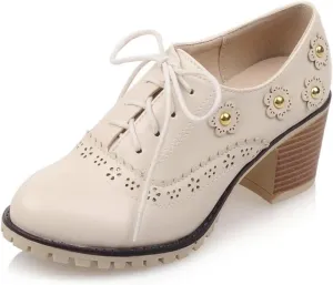 mikarka Women's Vegan Leather Oxfords Heels Shoes, Wingtip Lace Up Brogues Perforated Saddles Pumps Chunky Mid Heel Dress Shoes