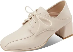 MIOKE Women's Round Toe Lace Up Pump Oxfords Perforated Casual Platform Chunky Mid Heel Vintage Dress Shoes