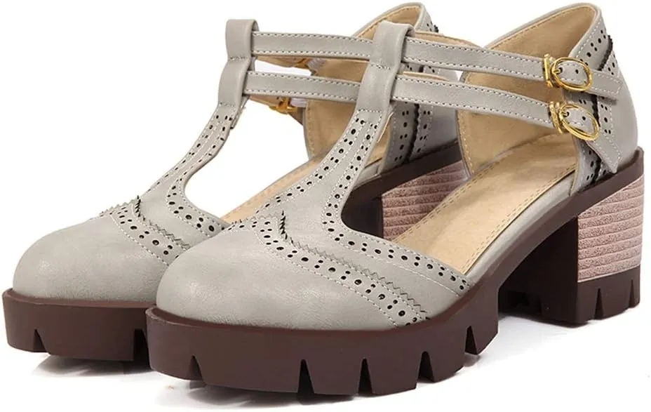 MIOKE Women's T-Strap Mary Jane Pumps Retro Round Toe Platform Chunky Heel Brogue Vintage Oxford Shoes