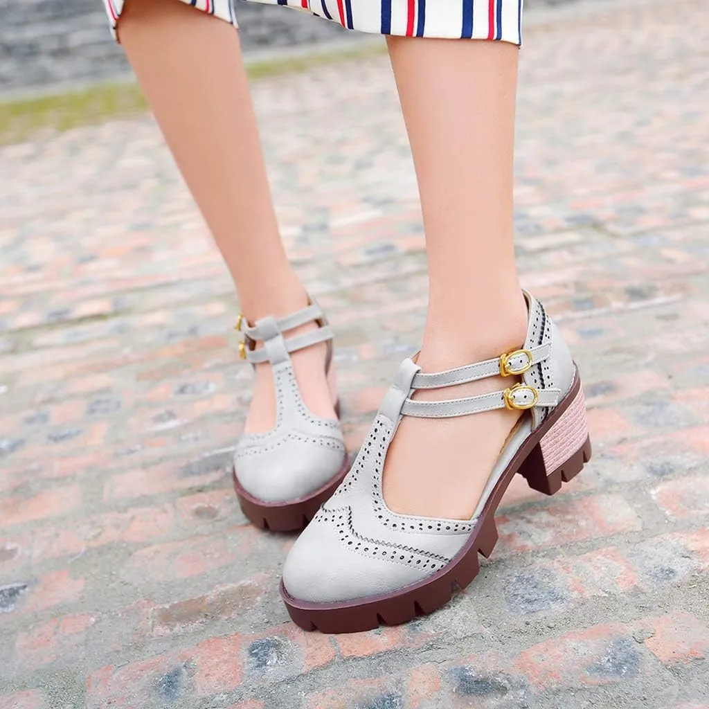 MIOKE Women's T-Strap Mary Jane Pumps Retro Round Toe Platform Chunky Heel Brogue Vintage Oxford Shoes
