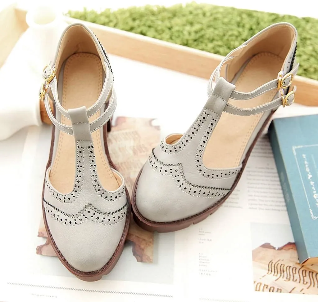 MIOKE Women's T-Strap Mary Jane Pumps Retro Round Toe Platform Chunky Heel Brogue Vintage Oxford Shoes