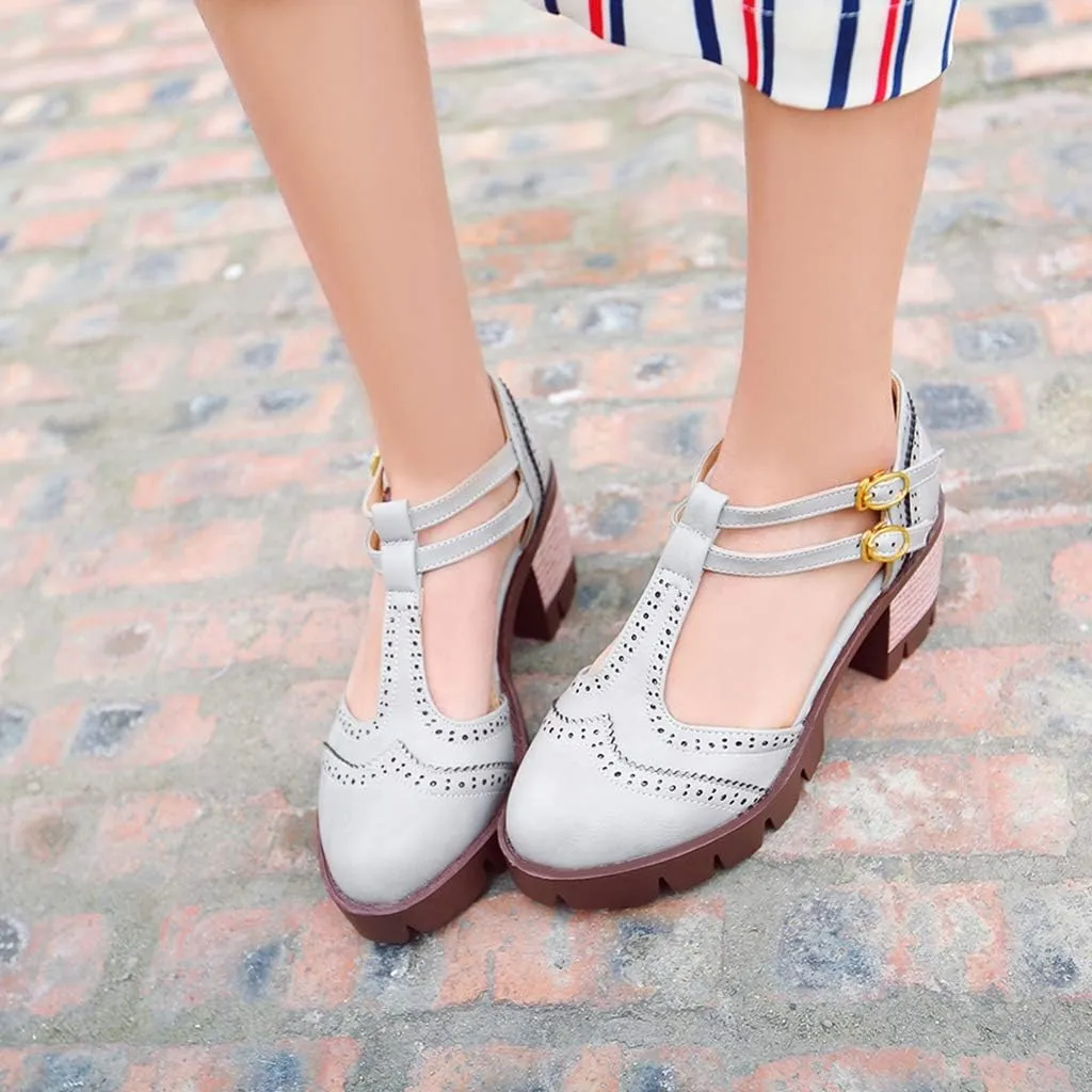 MIOKE Women's T-Strap Mary Jane Pumps Retro Round Toe Platform Chunky Heel Brogue Vintage Oxford Shoes