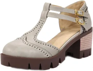 MIOKE Women's T-Strap Mary Jane Pumps Retro Round Toe Platform Chunky Heel Brogue Vintage Oxford Shoes