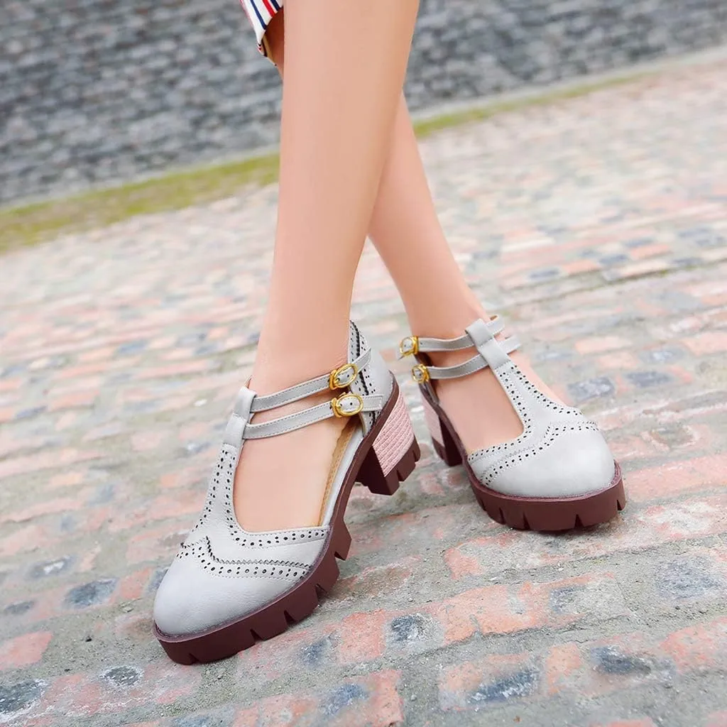 MIOKE Women's T-Strap Mary Jane Pumps Retro Round Toe Platform Chunky Heel Brogue Vintage Oxford Shoes