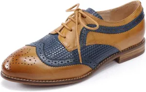 Mona flying Leather Flat Oxfords for Women Lace up Brogue Wingtips for Ladies