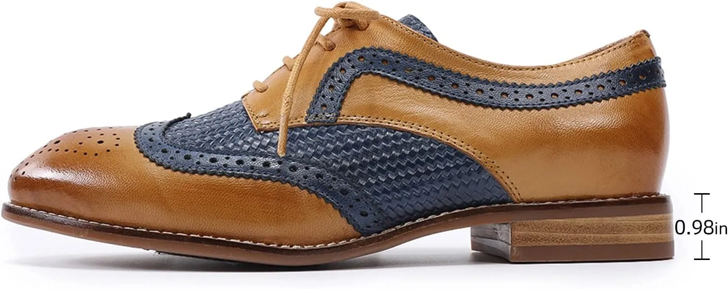 Mona flying Leather Flat Oxfords for Women Lace up Brogue Wingtips for Ladies